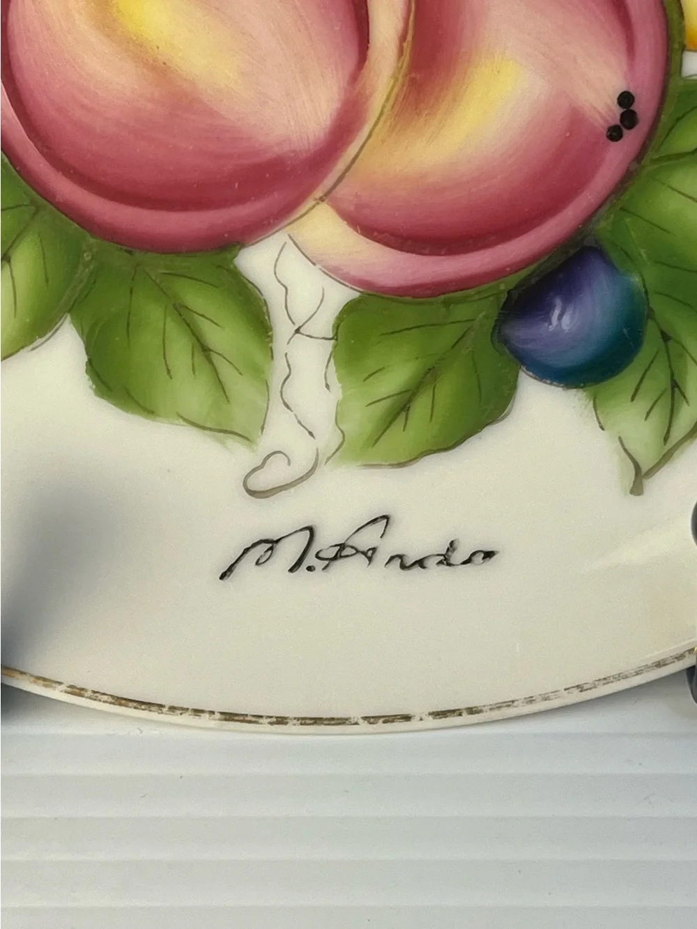 Vintage Signed M. Ando Plate 7 1/4 in Diam. Hand Painted Fruit Ware MCM Dining